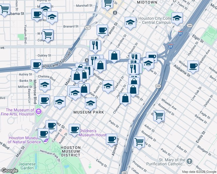 map of restaurants, bars, coffee shops, grocery stores, and more near 1411 Blodgett Street in Houston