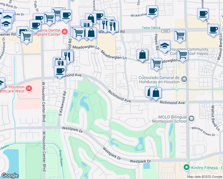 map of restaurants, bars, coffee shops, grocery stores, and more near 11600 Royal Ivory Crossing in Houston