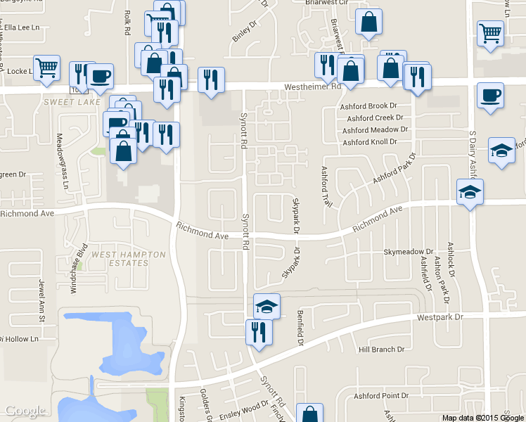 map of restaurants, bars, coffee shops, grocery stores, and more near 2807 Hollow Creek Drive in Houston
