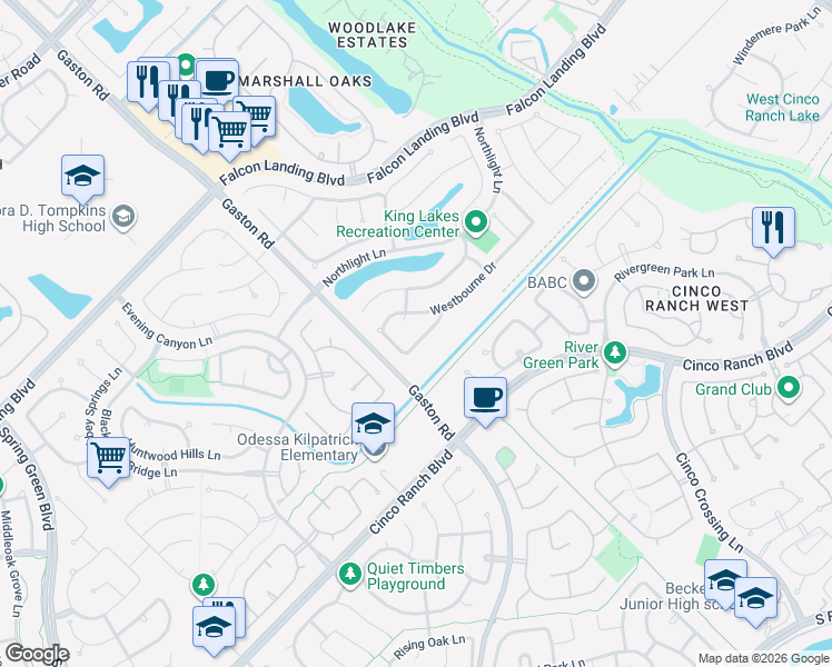 map of restaurants, bars, coffee shops, grocery stores, and more near 25934 Ravenside Drive in Katy