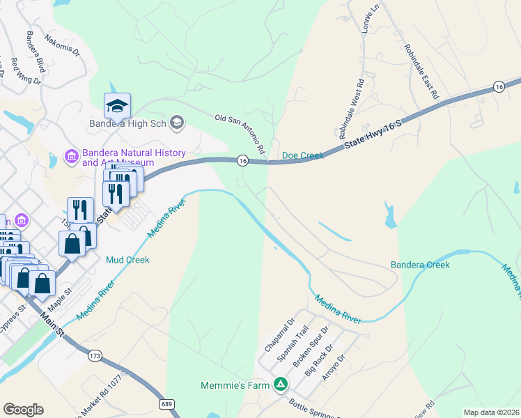 map of restaurants, bars, coffee shops, grocery stores, and more near 236 Enchanted River Drive in Bandera
