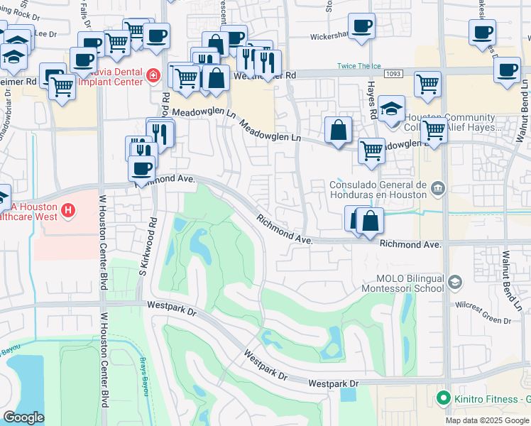 map of restaurants, bars, coffee shops, grocery stores, and more near 11527 Royal Ivory Crossing in Houston