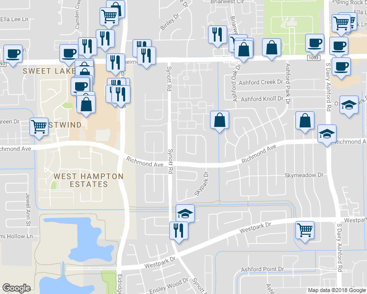 map of restaurants, bars, coffee shops, grocery stores, and more near 2807 Hollow Creek Drive in Houston