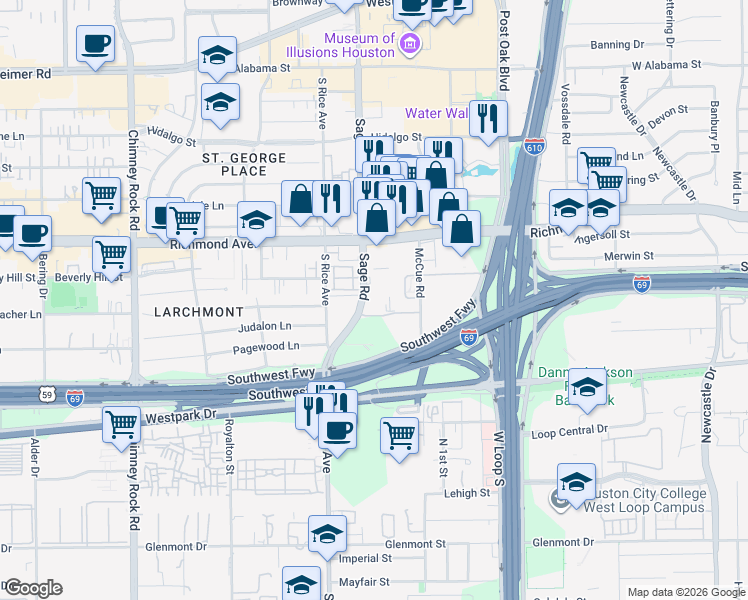 map of restaurants, bars, coffee shops, grocery stores, and more near 3505 Sage Road in Houston