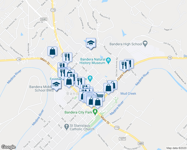 map of restaurants, bars, coffee shops, grocery stores, and more near 1511 Pecan Street in Bandera