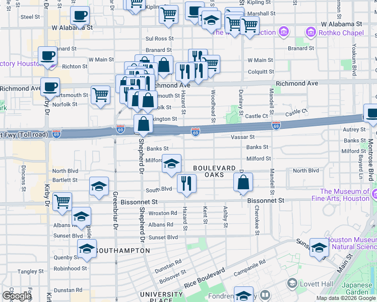 map of restaurants, bars, coffee shops, grocery stores, and more near 1919 Vassar Street in Houston