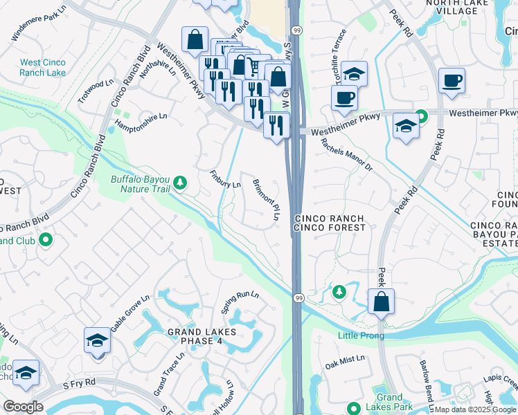 map of restaurants, bars, coffee shops, grocery stores, and more near 3306 Brinmont Place Lane in Katy