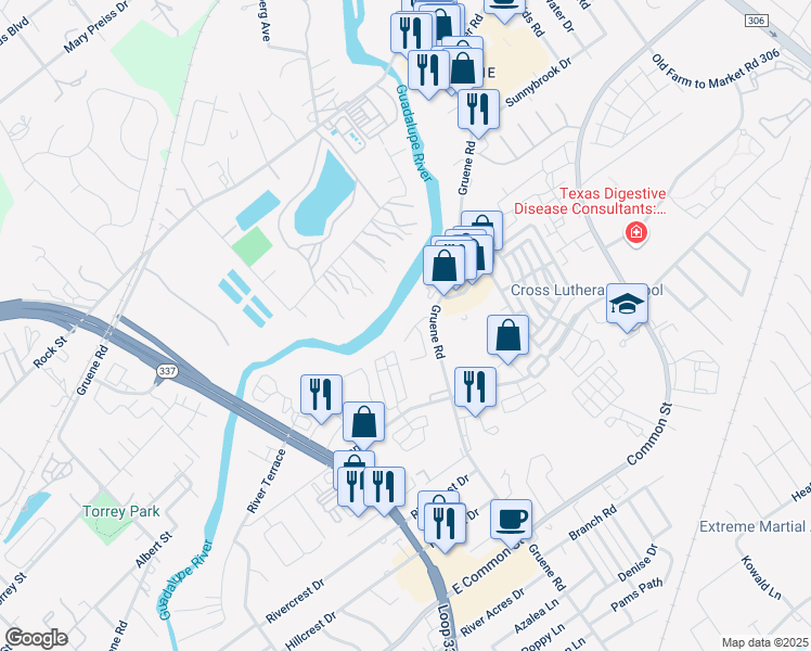map of restaurants, bars, coffee shops, grocery stores, and more near 1313 Gruene Leaf Drive in New Braunfels