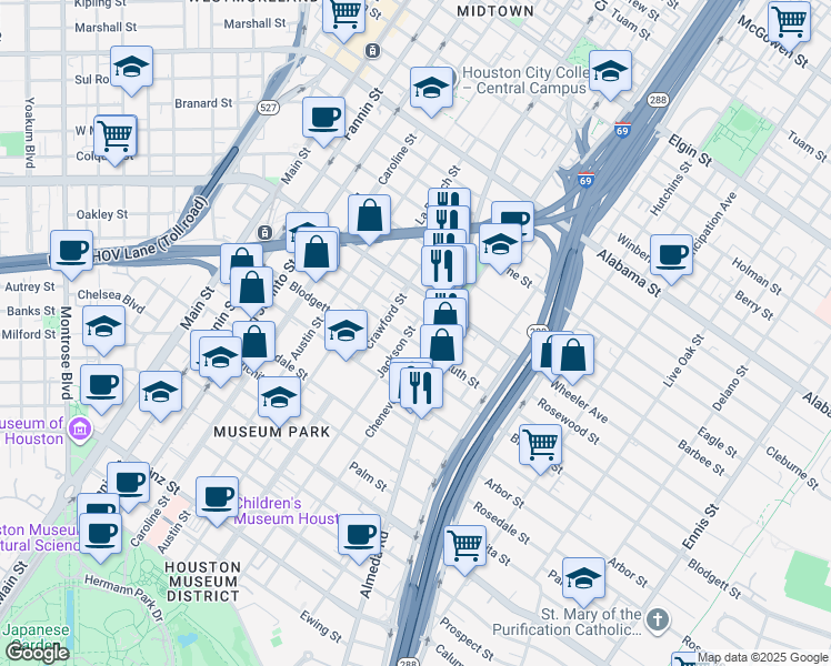 map of restaurants, bars, coffee shops, grocery stores, and more near 1615 Rosewood Street in Houston
