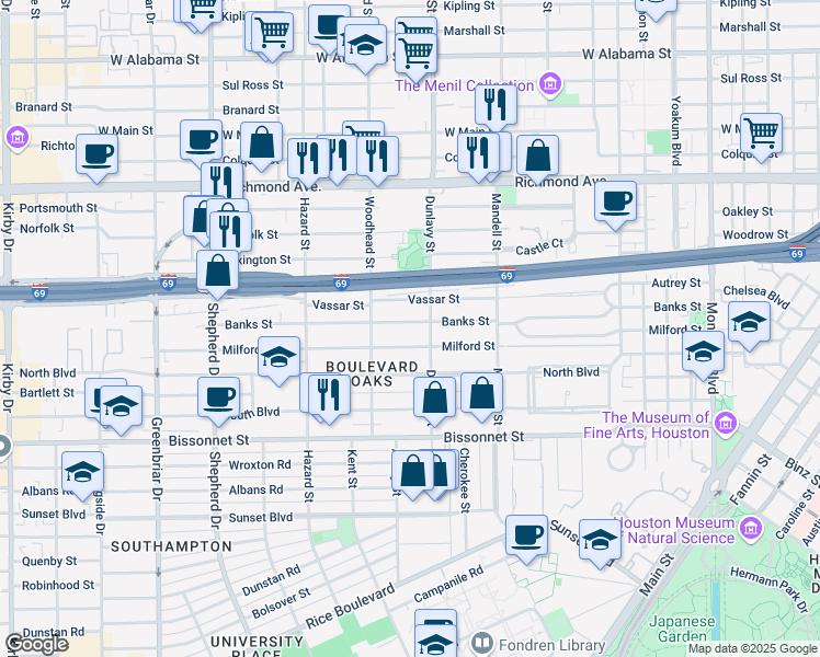 map of restaurants, bars, coffee shops, grocery stores, and more near 1715 Vassar Street in Houston