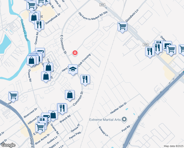 map of restaurants, bars, coffee shops, grocery stores, and more near 750 Pinehurst Drive in New Braunfels
