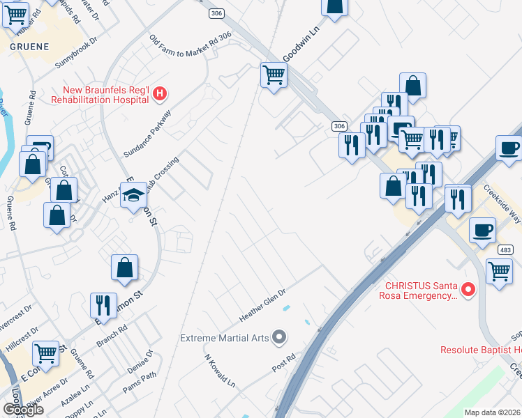 map of restaurants, bars, coffee shops, grocery stores, and more near 541 Summersweet Road in New Braunfels