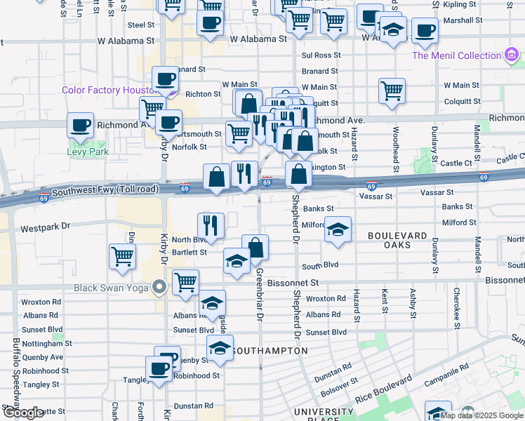 map of restaurants, bars, coffee shops, grocery stores, and more near 4101 Greenbriar Drive in Houston