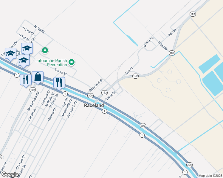 map of restaurants, bars, coffee shops, grocery stores, and more near 1601-1615 Route 182 in Raceland