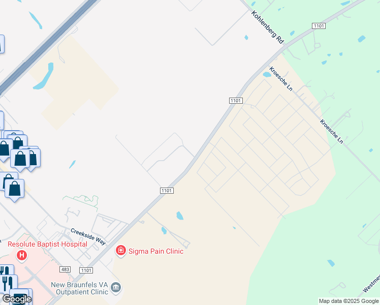 map of restaurants, bars, coffee shops, grocery stores, and more near 2939 Farm to Market Road 1101 in New Braunfels