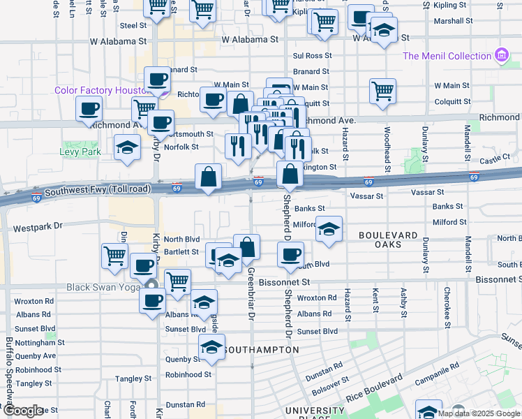 map of restaurants, bars, coffee shops, grocery stores, and more near in Houston