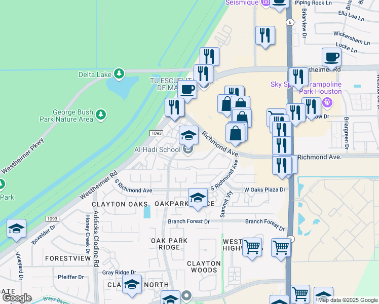 map of restaurants, bars, coffee shops, grocery stores, and more near 14855 Richmond Avenue in Houston