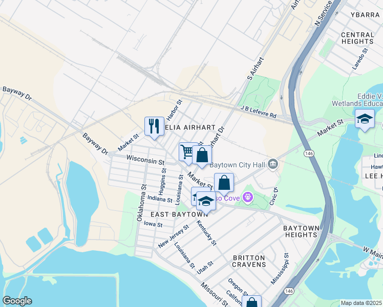 map of restaurants, bars, coffee shops, grocery stores, and more near 1231 Cypress Street in Baytown