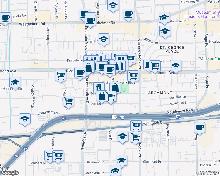 map of restaurants, bars, coffee shops, grocery stores, and more near 5807 Beverly Hill Street in Houston