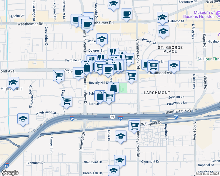 map of restaurants, bars, coffee shops, grocery stores, and more near 5807 Beverly Hill Street in Houston