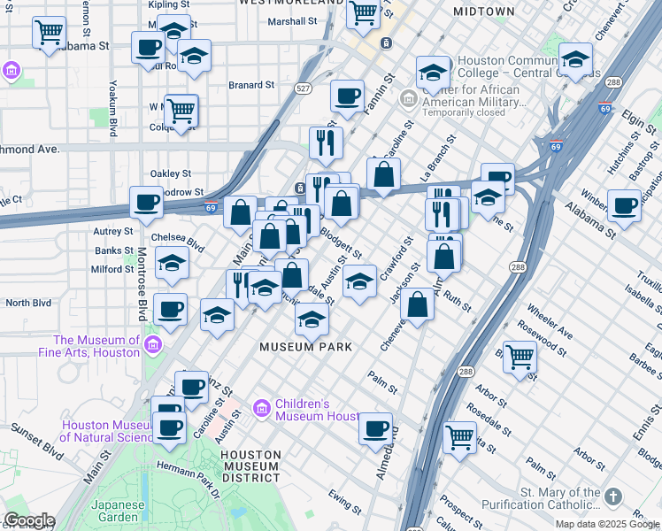 map of restaurants, bars, coffee shops, grocery stores, and more near 4800 Austin Street in Houston