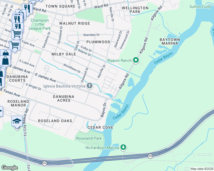 map of restaurants, bars, coffee shops, grocery stores, and more near 2500 East James Avenue in Baytown
