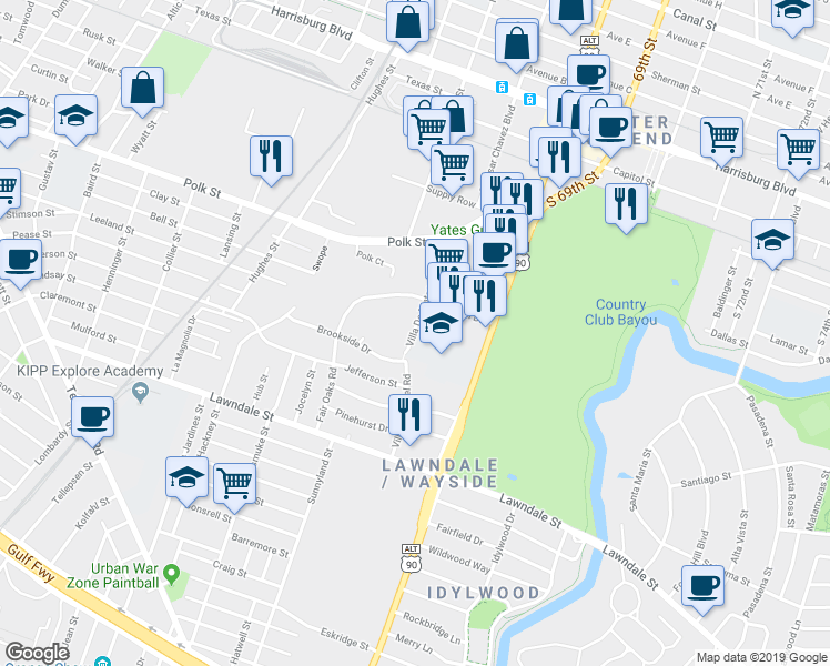 map of restaurants, bars, coffee shops, grocery stores, and more near 6520 Jamail Drive in Houston