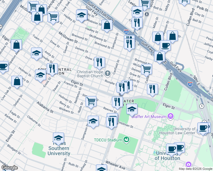 map of restaurants, bars, coffee shops, grocery stores, and more near 3418 Rosalie Street in Houston