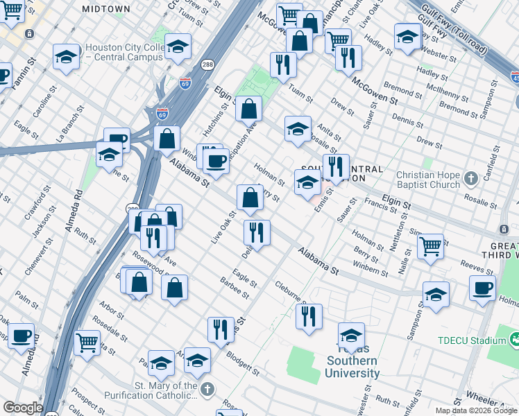 map of restaurants, bars, coffee shops, grocery stores, and more near 2602 Winbern Street in Houston