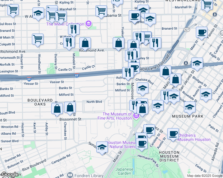 map of restaurants, bars, coffee shops, grocery stores, and more near 1201 Banks Street in Houston