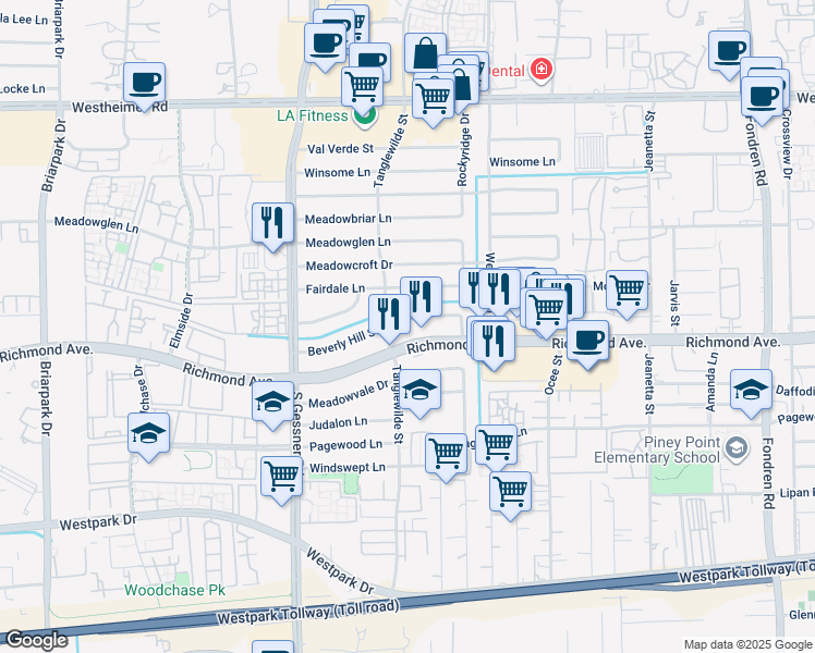 map of restaurants, bars, coffee shops, grocery stores, and more near 9546 Beverly Hill Street in Houston