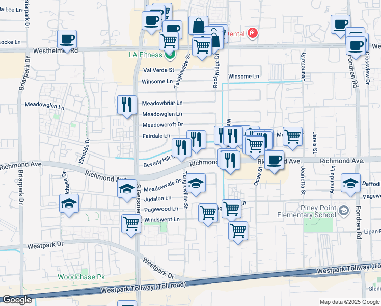 map of restaurants, bars, coffee shops, grocery stores, and more near 9546 Beverly Hill Street in Houston