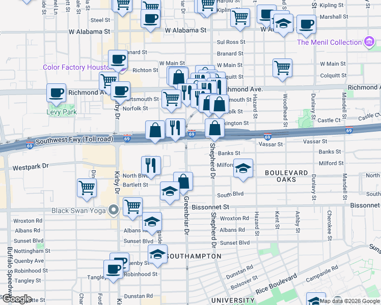 map of restaurants, bars, coffee shops, grocery stores, and more near 4101 Greenbriar Street in Houston