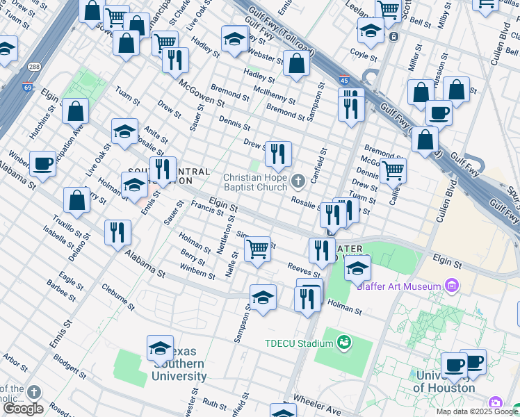 map of restaurants, bars, coffee shops, grocery stores, and more near 3320 Beulah Street in Houston