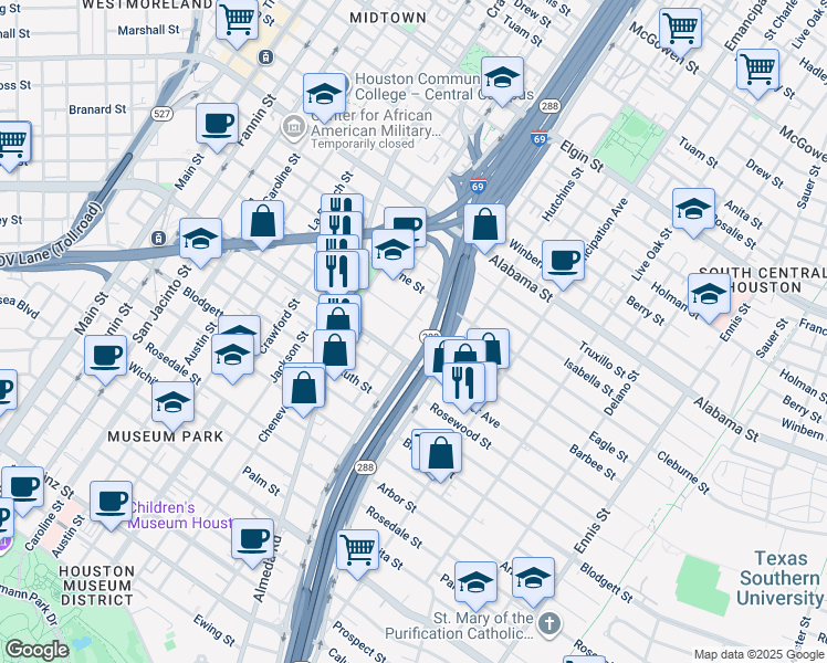 map of restaurants, bars, coffee shops, grocery stores, and more near 2011 Eagle Street in Houston