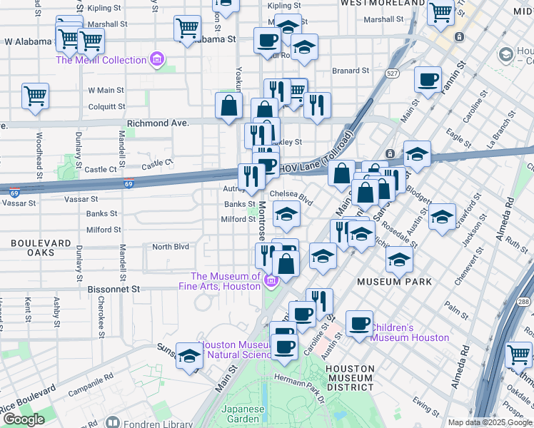 map of restaurants, bars, coffee shops, grocery stores, and more near 2403 Milam Street in Houston
