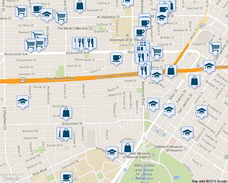 map of restaurants, bars, coffee shops, grocery stores, and more near 1308 Banks Street in Houston