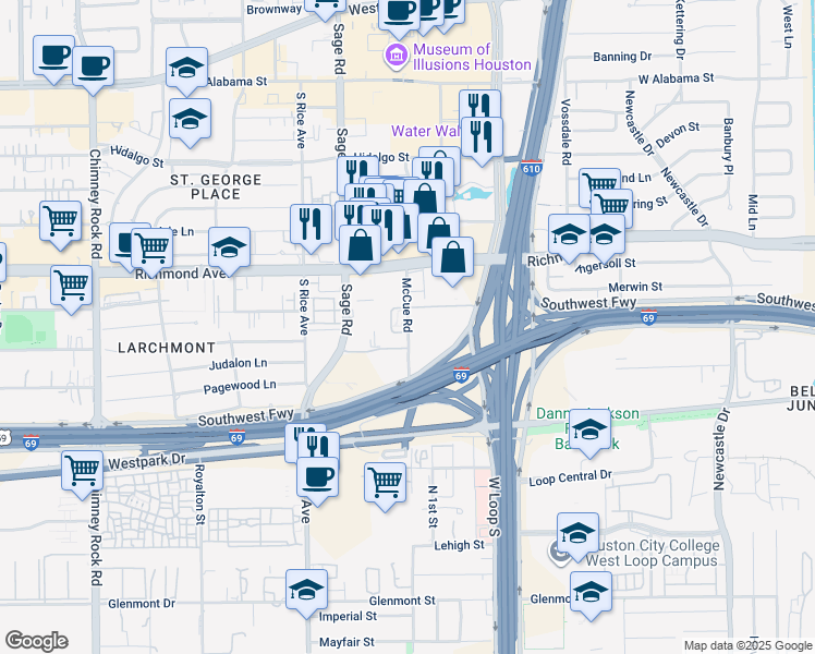 map of restaurants, bars, coffee shops, grocery stores, and more near 3350 McCue Road in Houston