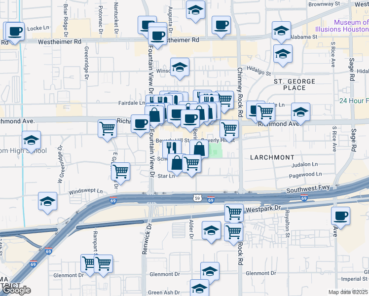 map of restaurants, bars, coffee shops, grocery stores, and more near 5807 Beverly Hill Street in Houston