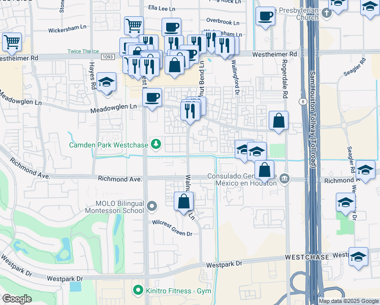 map of restaurants, bars, coffee shops, grocery stores, and more near 3085 Walnut Bend Lane in Houston