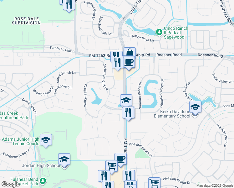map of restaurants, bars, coffee shops, grocery stores, and more near 27507 Wade Springs Court in Fulshear