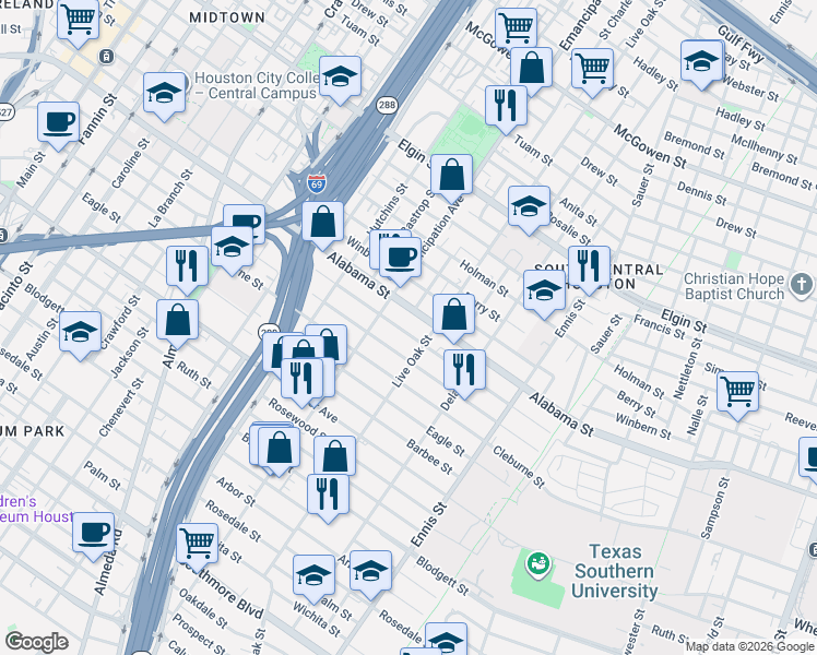 map of restaurants, bars, coffee shops, grocery stores, and more near 2500 Alabama Street in Houston