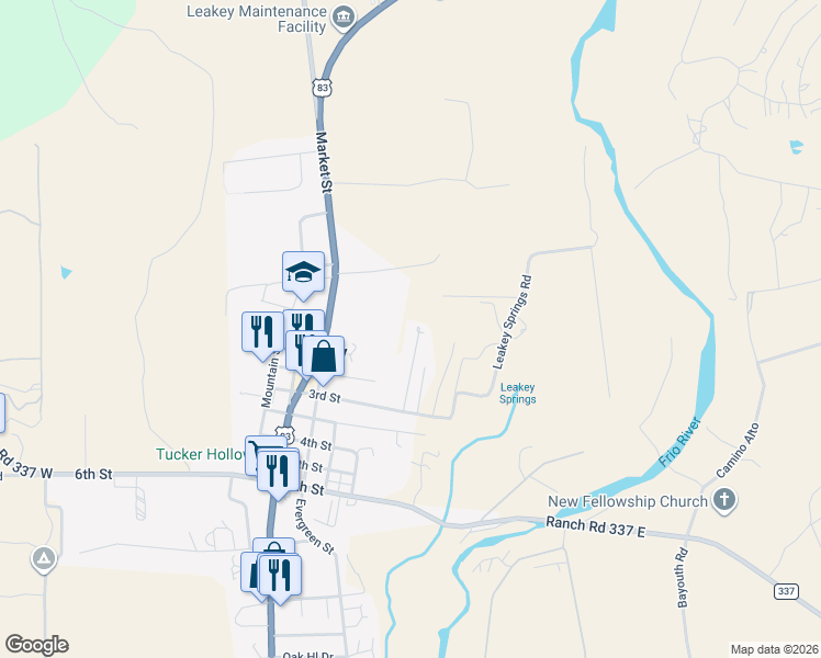 map of restaurants, bars, coffee shops, grocery stores, and more near 175 Pecan Lane in Leakey