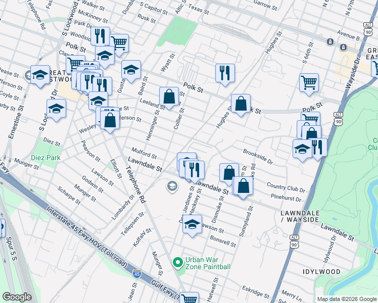 map of restaurants, bars, coffee shops, grocery stores, and more near 5410 Cuerta Street in Houston