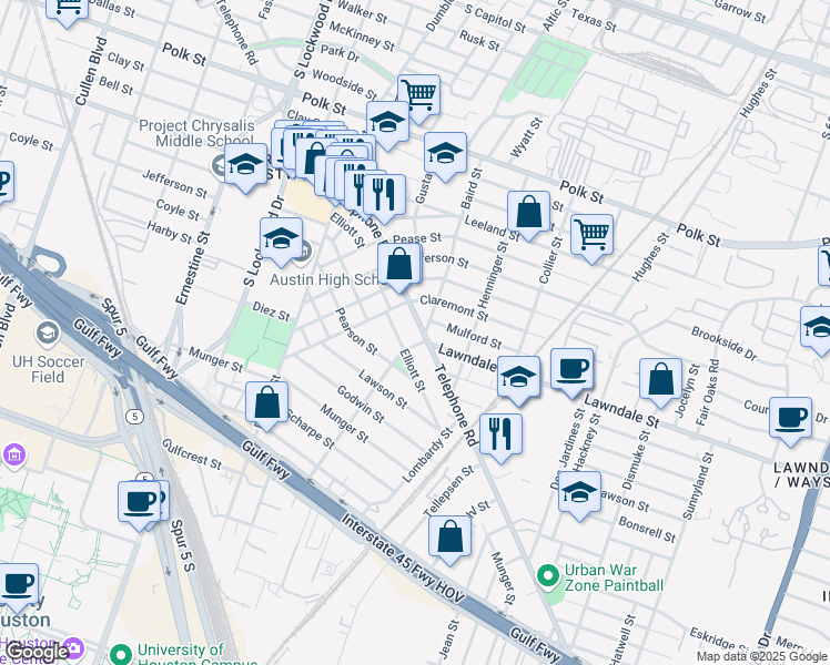 map of restaurants, bars, coffee shops, grocery stores, and more near 1417 Telephone Road in Houston