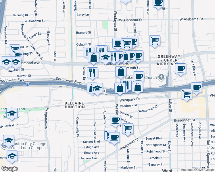 map of restaurants, bars, coffee shops, grocery stores, and more near 4100 Southwest Freeway in Houston