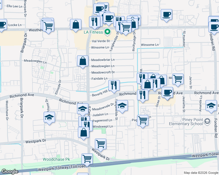 map of restaurants, bars, coffee shops, grocery stores, and more near 9611 Meadowland Drive in Houston