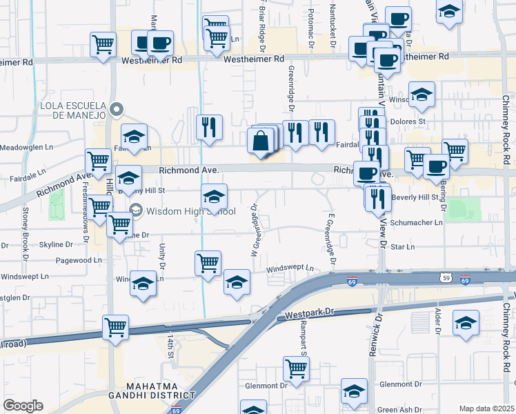 map of restaurants, bars, coffee shops, grocery stores, and more near 3303 West Greenridge Drive in Houston