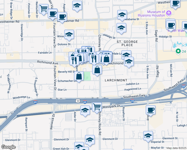 map of restaurants, bars, coffee shops, grocery stores, and more near 3300 Chimney Rock Road in Houston