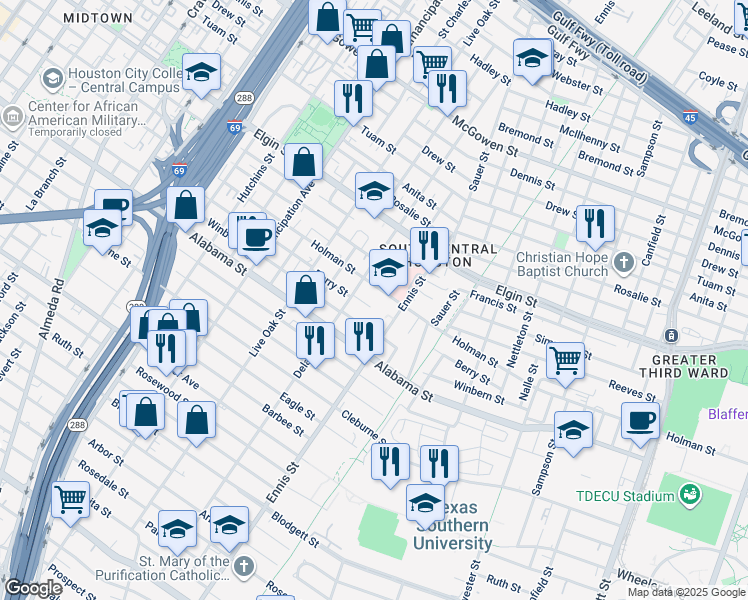 map of restaurants, bars, coffee shops, grocery stores, and more near 2820 Holman Street in Houston